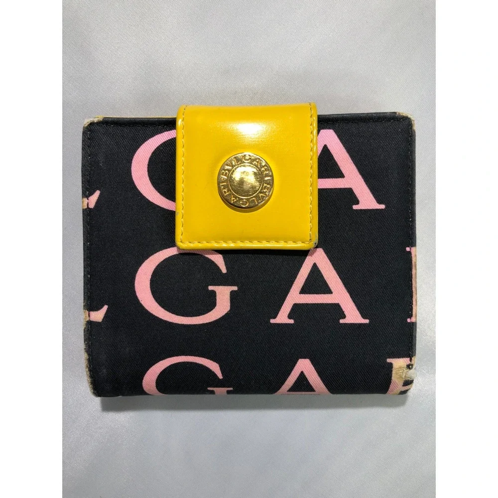 Bvlgari Logomania Bifold Wallet Black Pink Canvas Yellow Leather Italy ABEMEM
